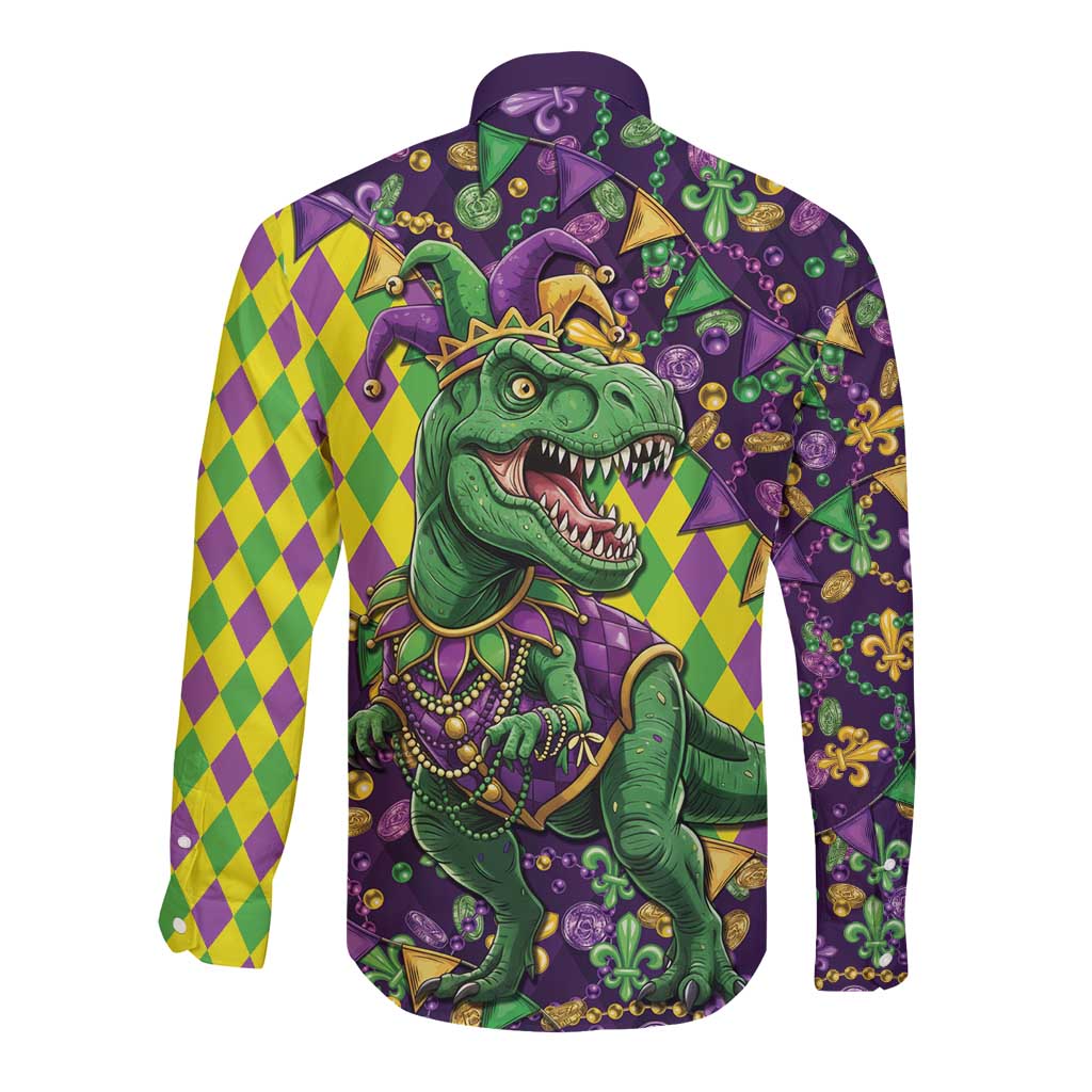 Funny Mardi Gras T-Rex Dinosaur Long Sleeve Button Shirt Let The Good Times Roll - Wonder Print Shop