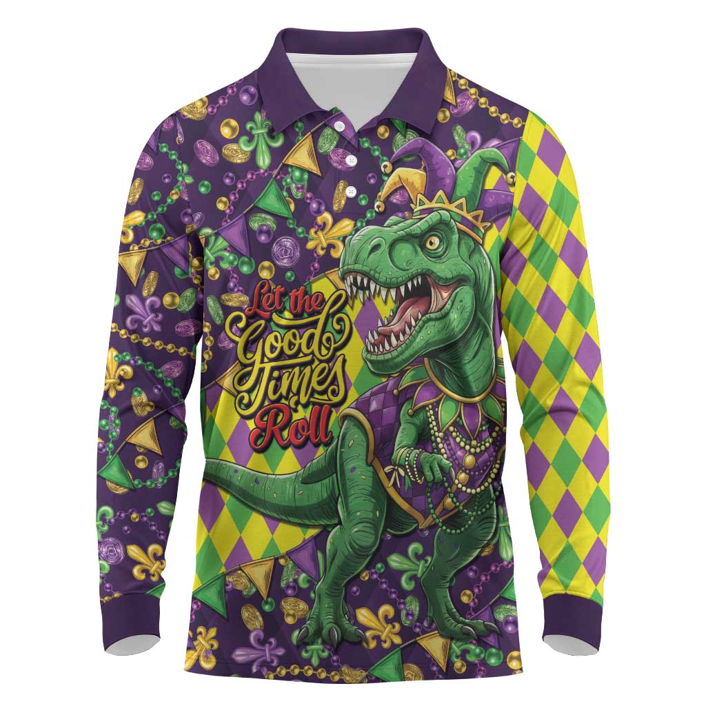 Funny Mardi Gras T-Rex Dinosaur Long Sleeve Polo Shirt Let The Good Times Roll - Wonder Print Shop
