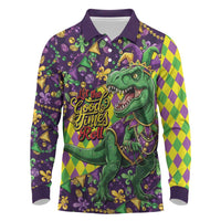 Funny Mardi Gras T-Rex Dinosaur Long Sleeve Polo Shirt Let The Good Times Roll - Wonder Print Shop