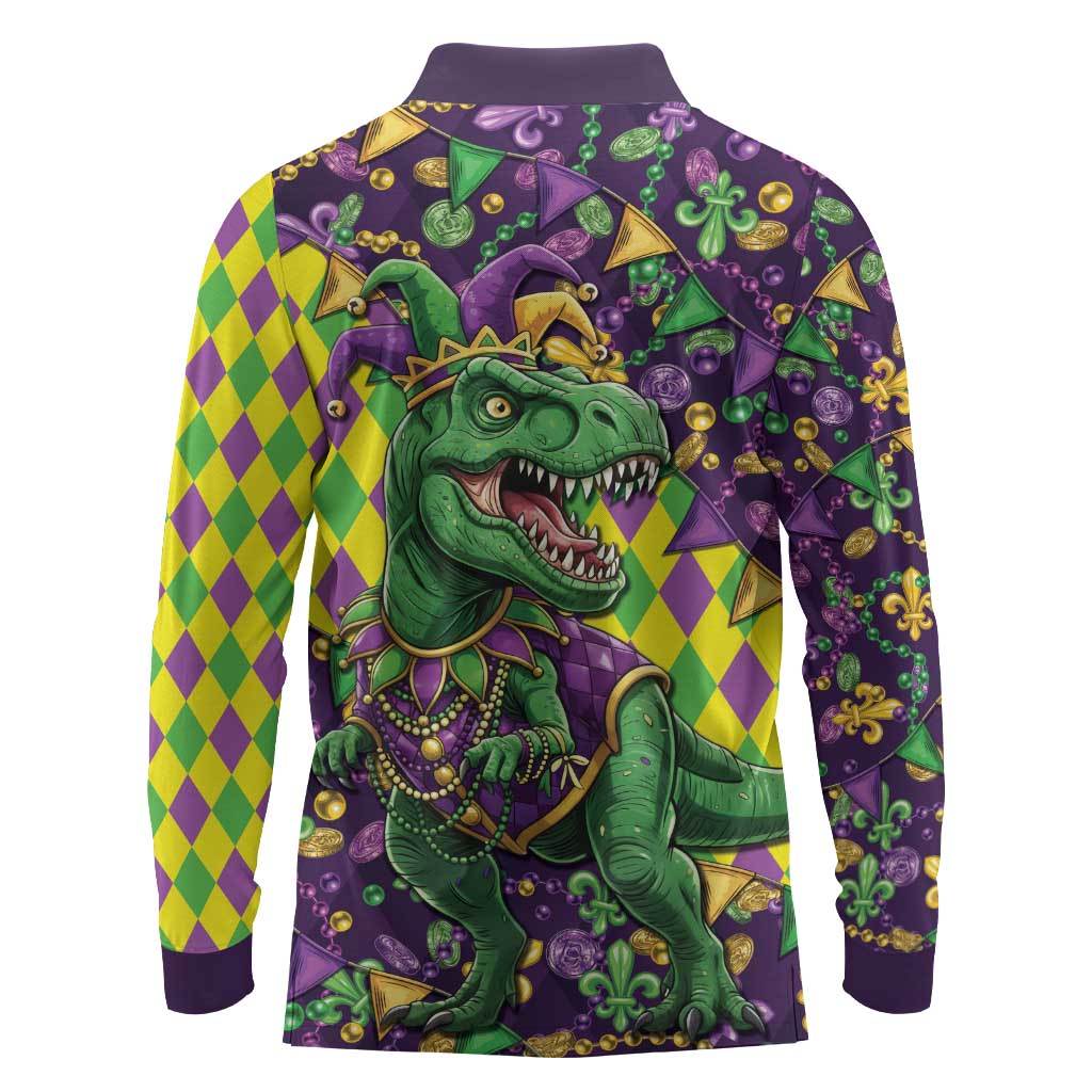 Funny Mardi Gras T-Rex Dinosaur Long Sleeve Polo Shirt Let The Good Times Roll - Wonder Print Shop