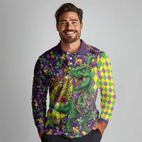 Funny Mardi Gras T-Rex Dinosaur Long Sleeve Polo Shirt Let The Good Times Roll - Wonder Print Shop