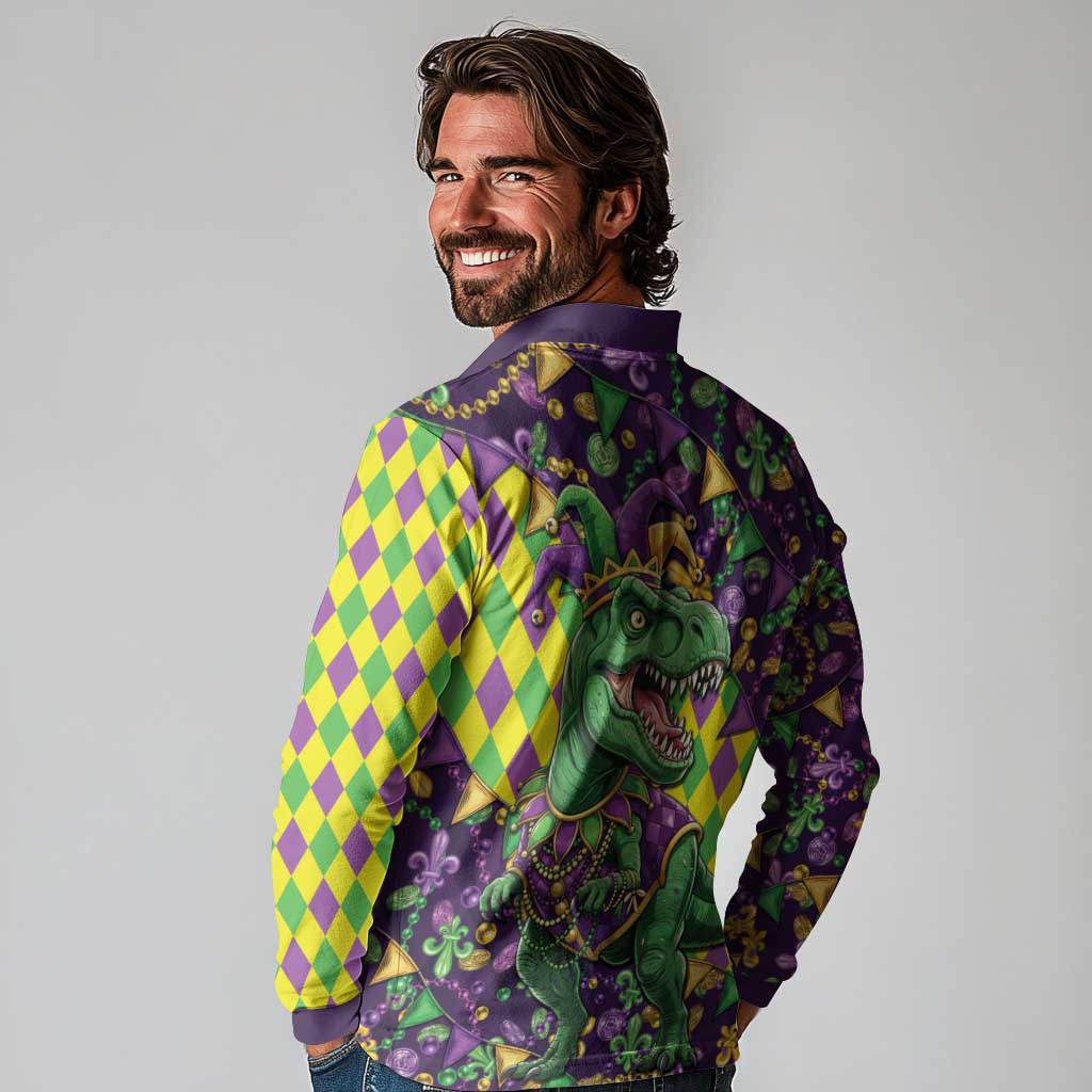 Funny Mardi Gras T-Rex Dinosaur Long Sleeve Polo Shirt Let The Good Times Roll - Wonder Print Shop