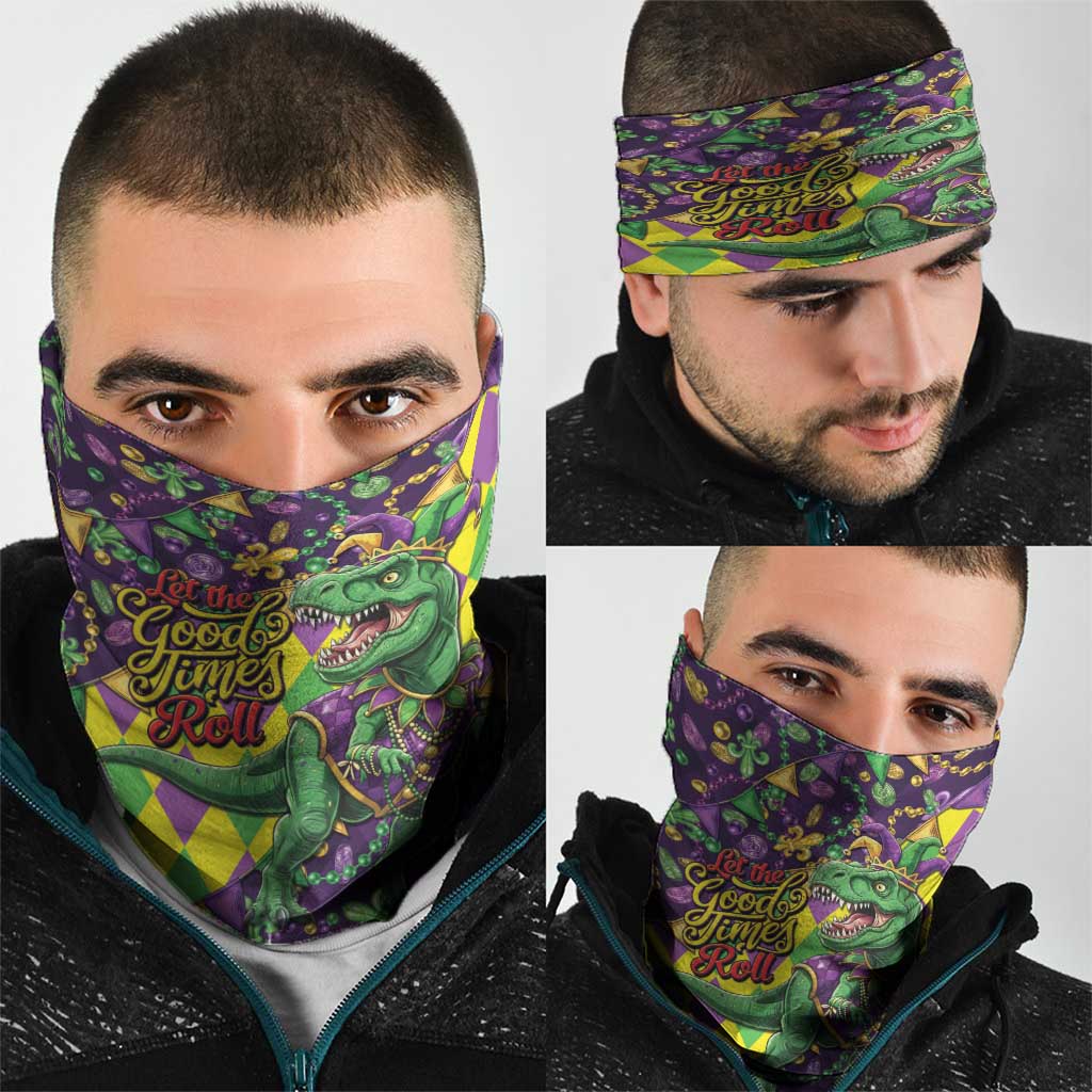 Funny Mardi Gras T-Rex Dinosaur Neck Gaiter Let The Good Times Roll - Wonder Print Shop