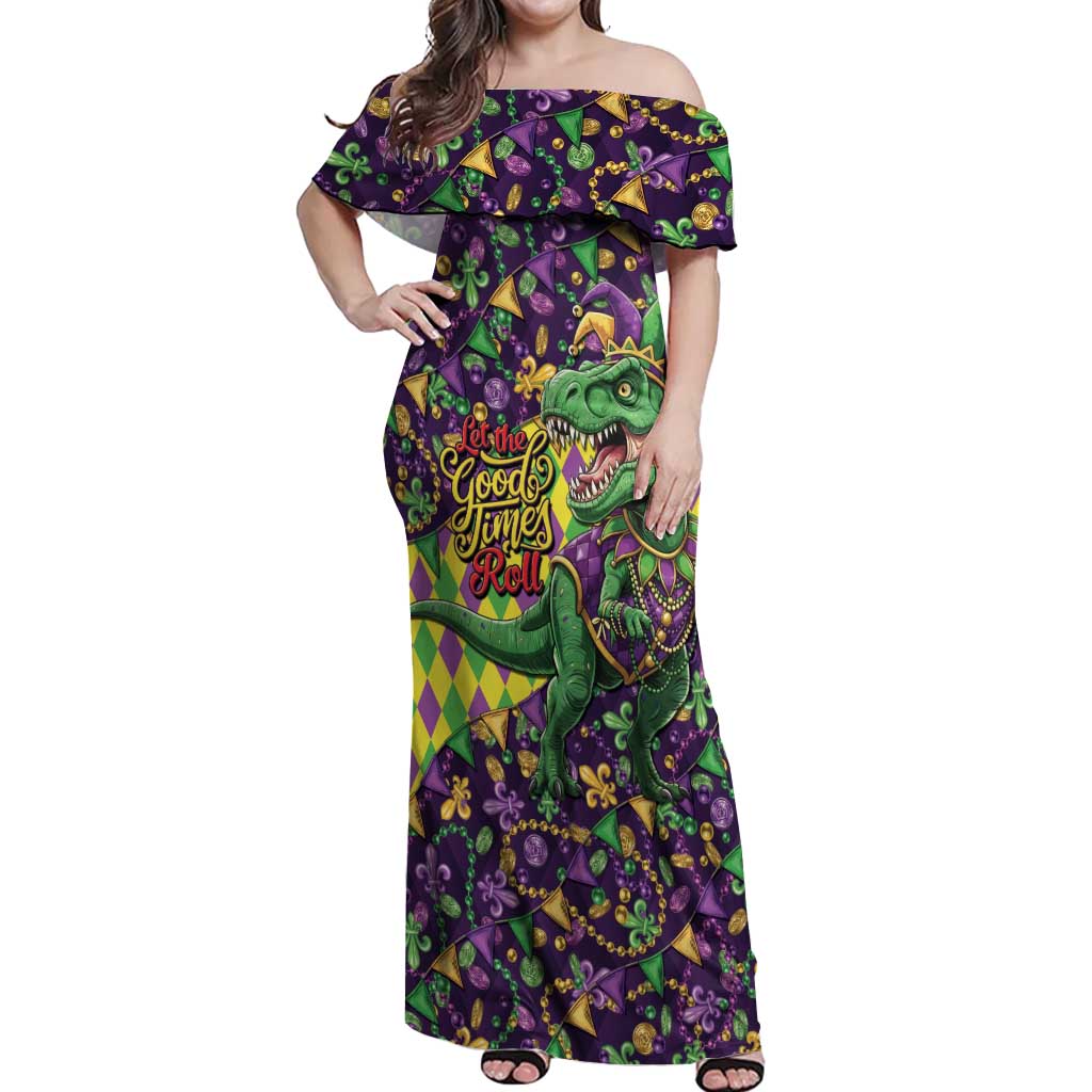 Funny Mardi Gras T-Rex Dinosaur Off Shoulder Maxi Dress Let The Good Times Roll - Wonder Print Shop