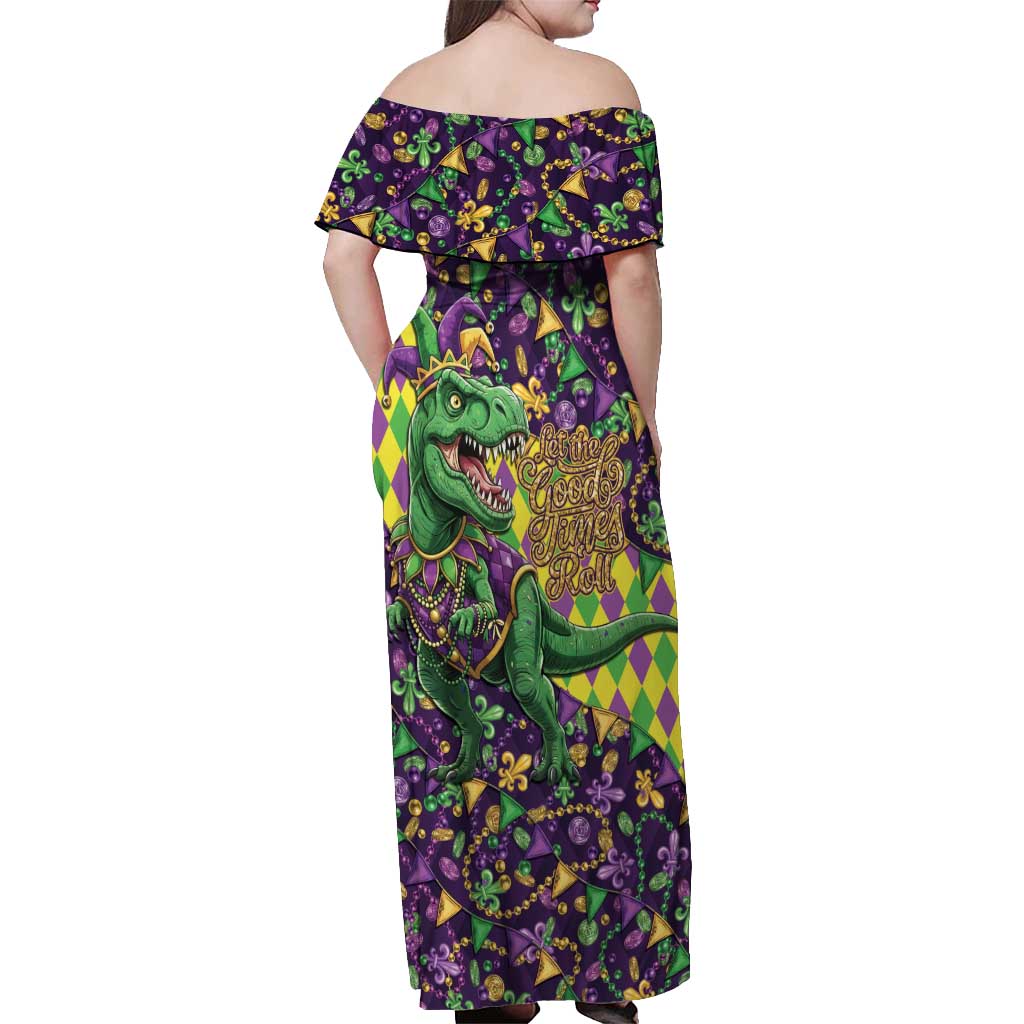 Funny Mardi Gras T-Rex Dinosaur Off Shoulder Maxi Dress Let The Good Times Roll - Wonder Print Shop