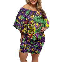Funny Mardi Gras T-Rex Dinosaur Off Shoulder Short Dress Let The Good Times Roll - Wonder Print Shop