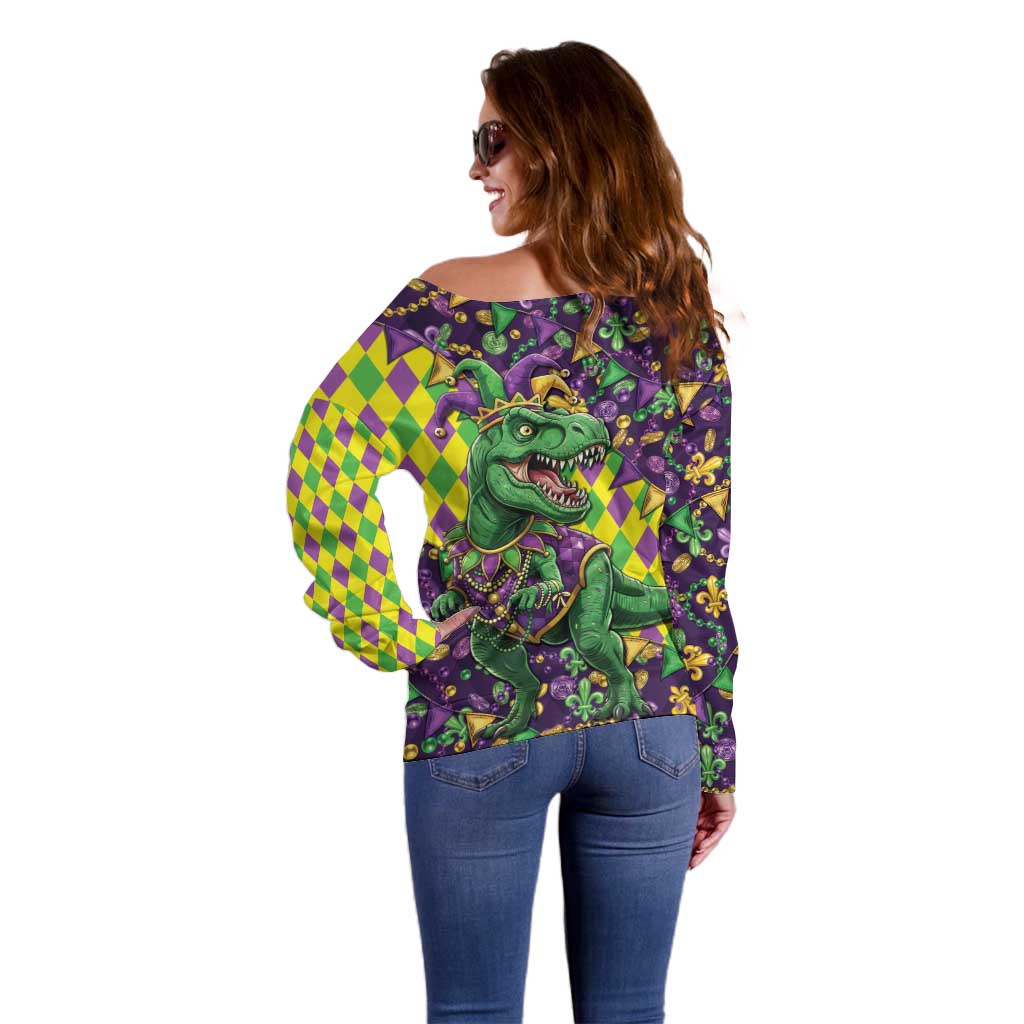 Funny Mardi Gras T-Rex Dinosaur Off Shoulder Sweater Let The Good Times Roll - Wonder Print Shop