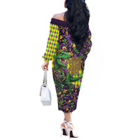 Funny Mardi Gras T-Rex Dinosaur Off The Shoulder Long Sleeve Dress Let The Good Times Roll - Wonder Print Shop