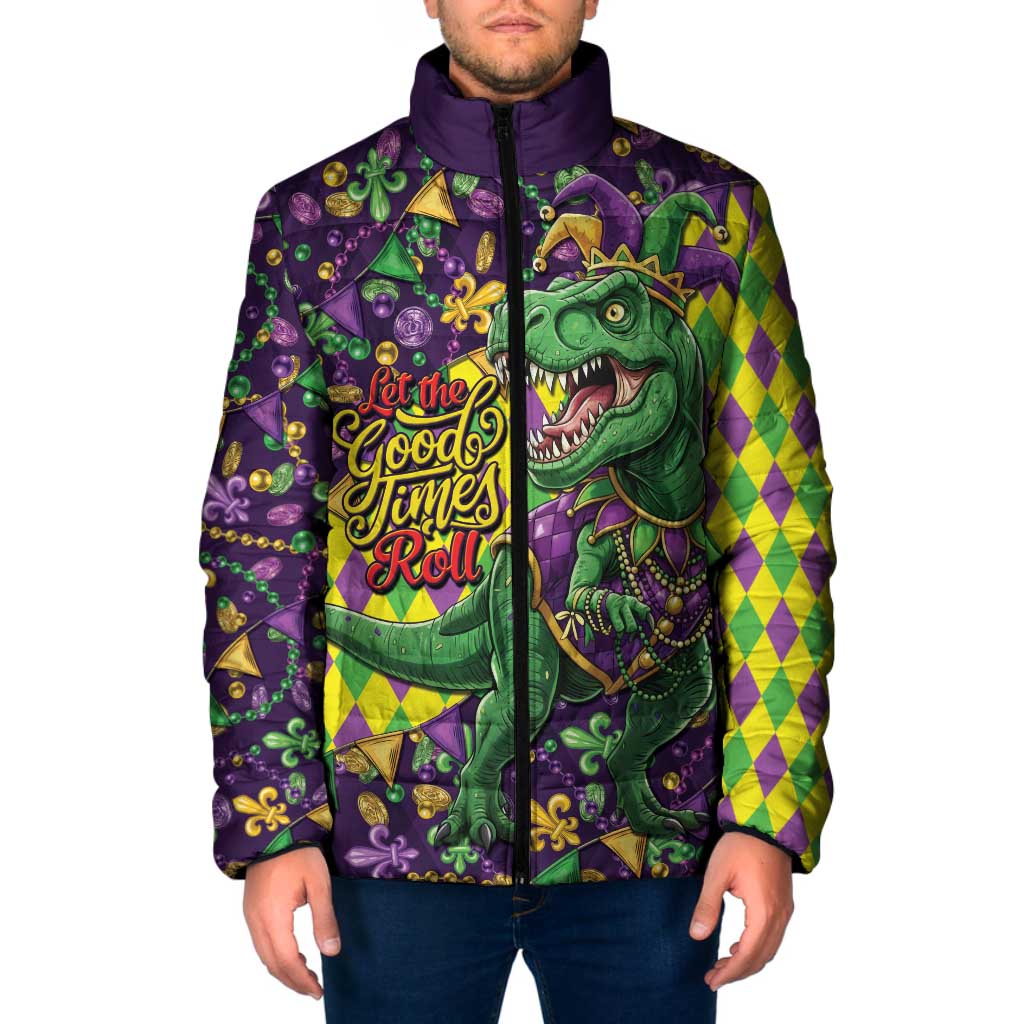 Funny Mardi Gras T-Rex Dinosaur Padded Jacket Let The Good Times Roll - Wonder Print Shop
