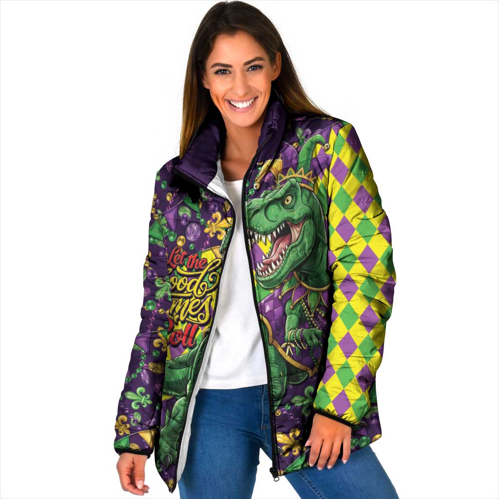 Funny Mardi Gras T-Rex Dinosaur Padded Jacket Let The Good Times Roll - Wonder Print Shop