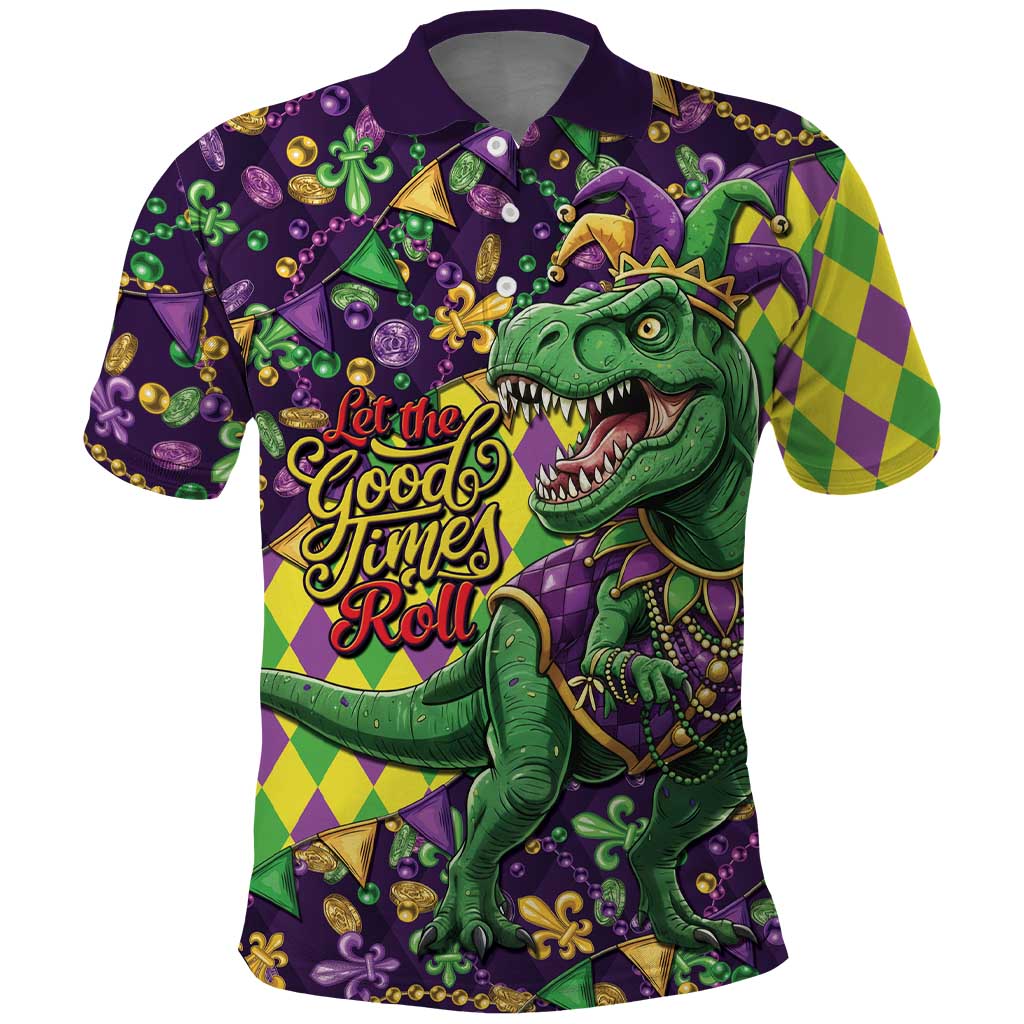 Funny Mardi Gras T-Rex Dinosaur Polo Shirt Let The Good Times Roll - Wonder Print Shop