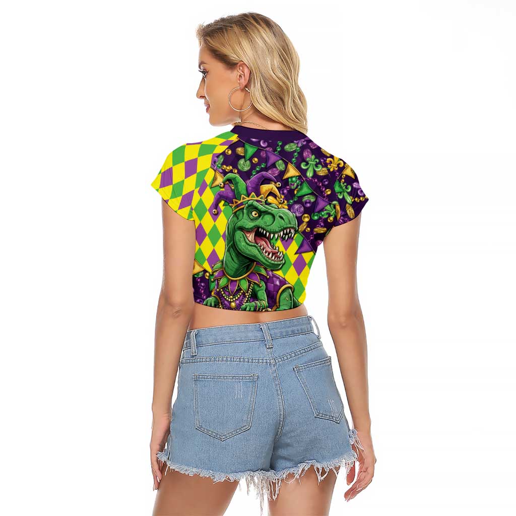 Funny Mardi Gras T-Rex Dinosaur Raglan Cropped T Shirt Let The Good Times Roll - Wonder Print Shop