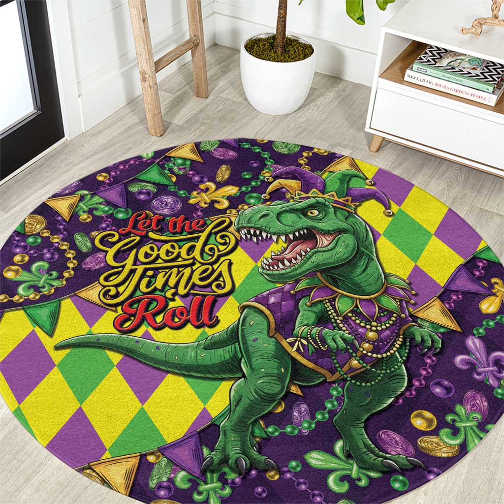 Funny Mardi Gras T-Rex Dinosaur Round Carpet Let The Good Times Roll - Wonder Print Shop