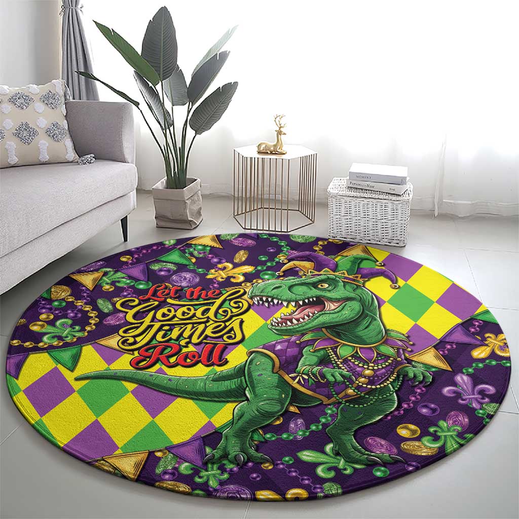 Funny Mardi Gras T-Rex Dinosaur Round Carpet Let The Good Times Roll - Wonder Print Shop