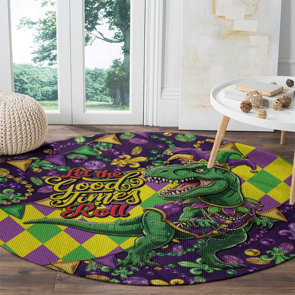 Funny Mardi Gras T-Rex Dinosaur Round Carpet Let The Good Times Roll - Wonder Print Shop