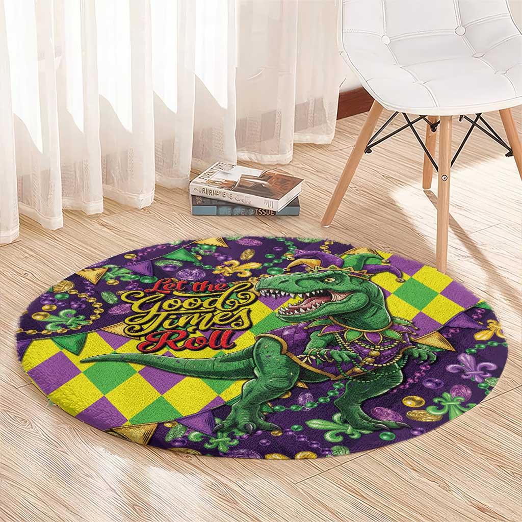 Funny Mardi Gras T-Rex Dinosaur Round Carpet Let The Good Times Roll - Wonder Print Shop