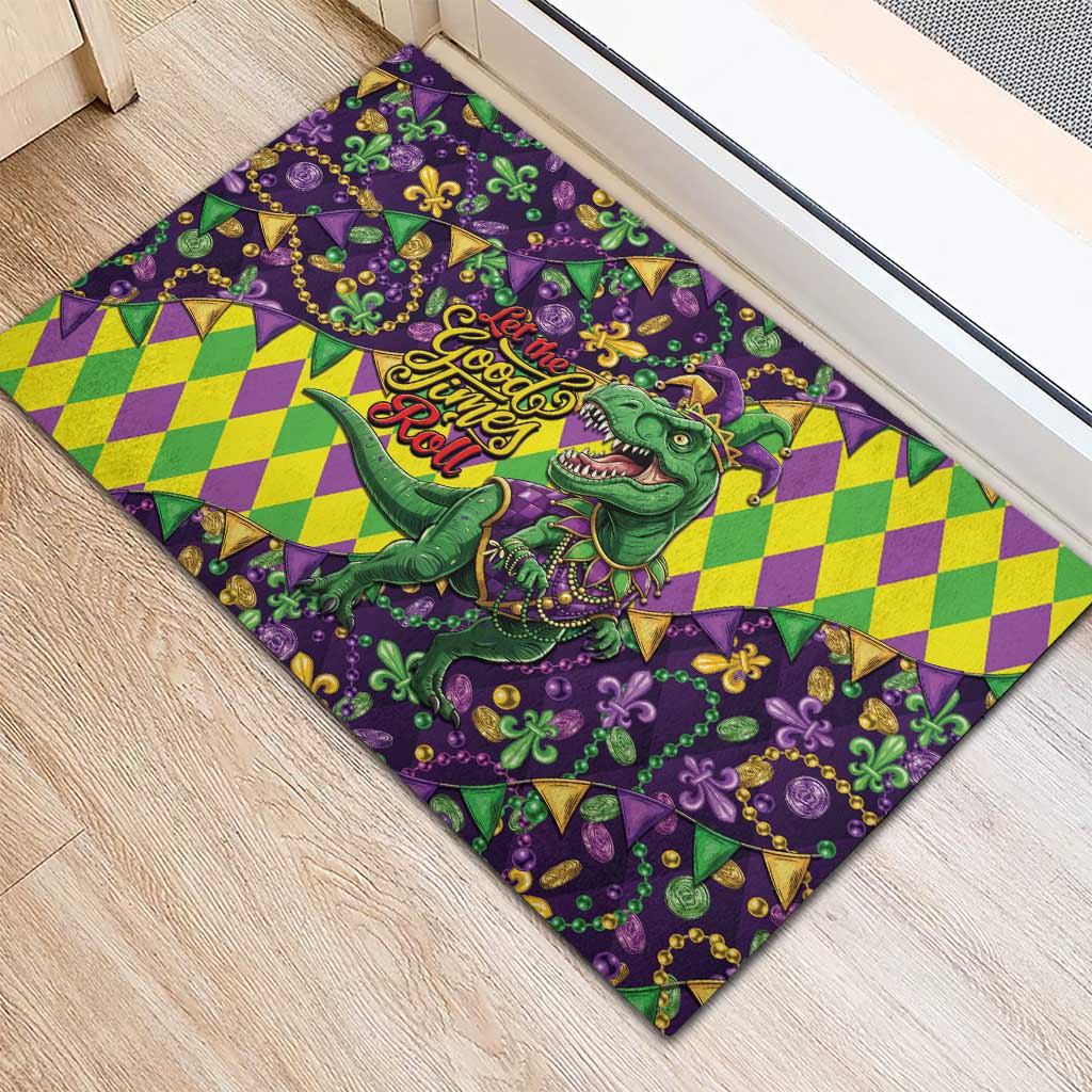Funny Mardi Gras T-Rex Dinosaur Rubber Doormat Let The Good Times Roll - Wonder Print Shop