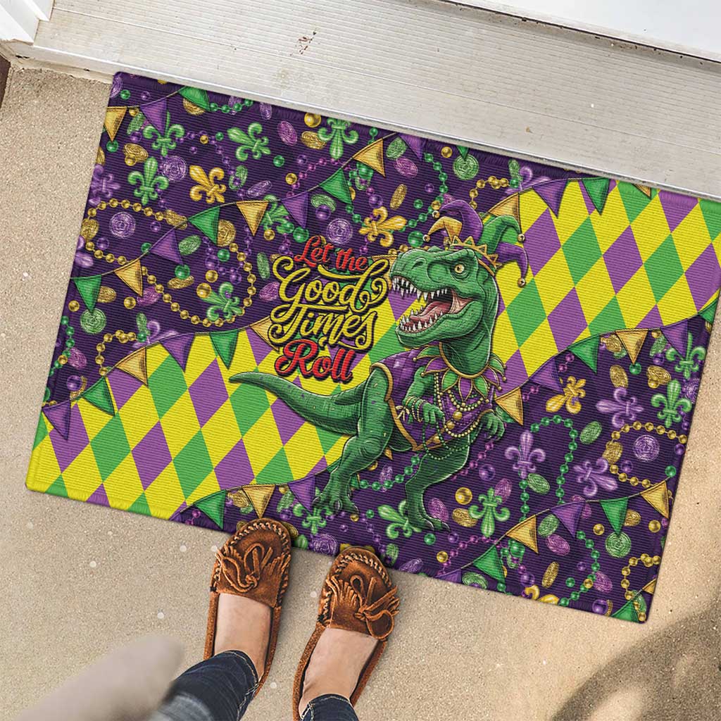 Funny Mardi Gras T-Rex Dinosaur Rubber Doormat Let The Good Times Roll - Wonder Print Shop