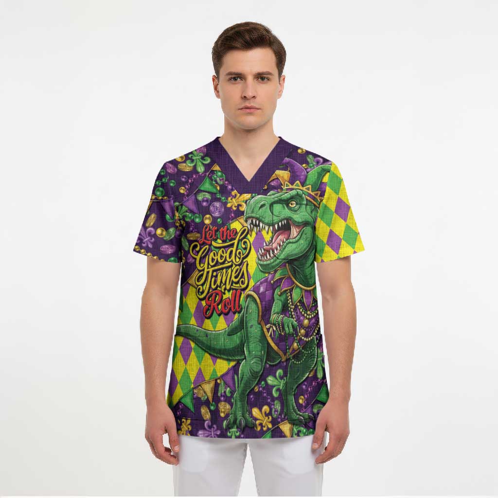 Funny Mardi Gras T-Rex Dinosaur Scrub Top Let The Good Times Roll - Wonder Print Shop