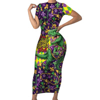 Funny Mardi Gras T-Rex Dinosaur Short Sleeve Bodycon Dress Let The Good Times Roll - Wonder Print Shop