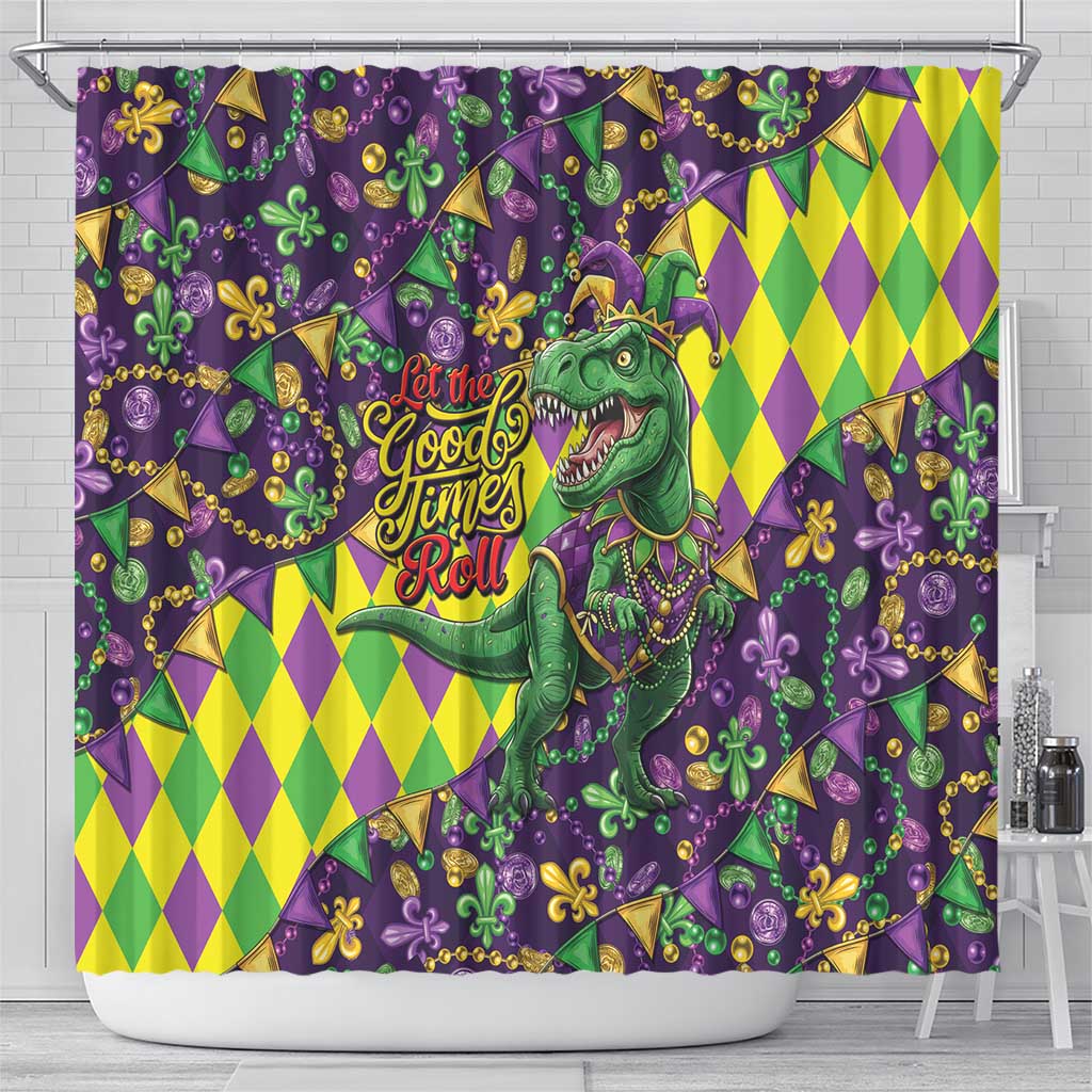Funny Mardi Gras T-Rex Dinosaur Shower Curtain Let The Good Times Roll - Wonder Print Shop