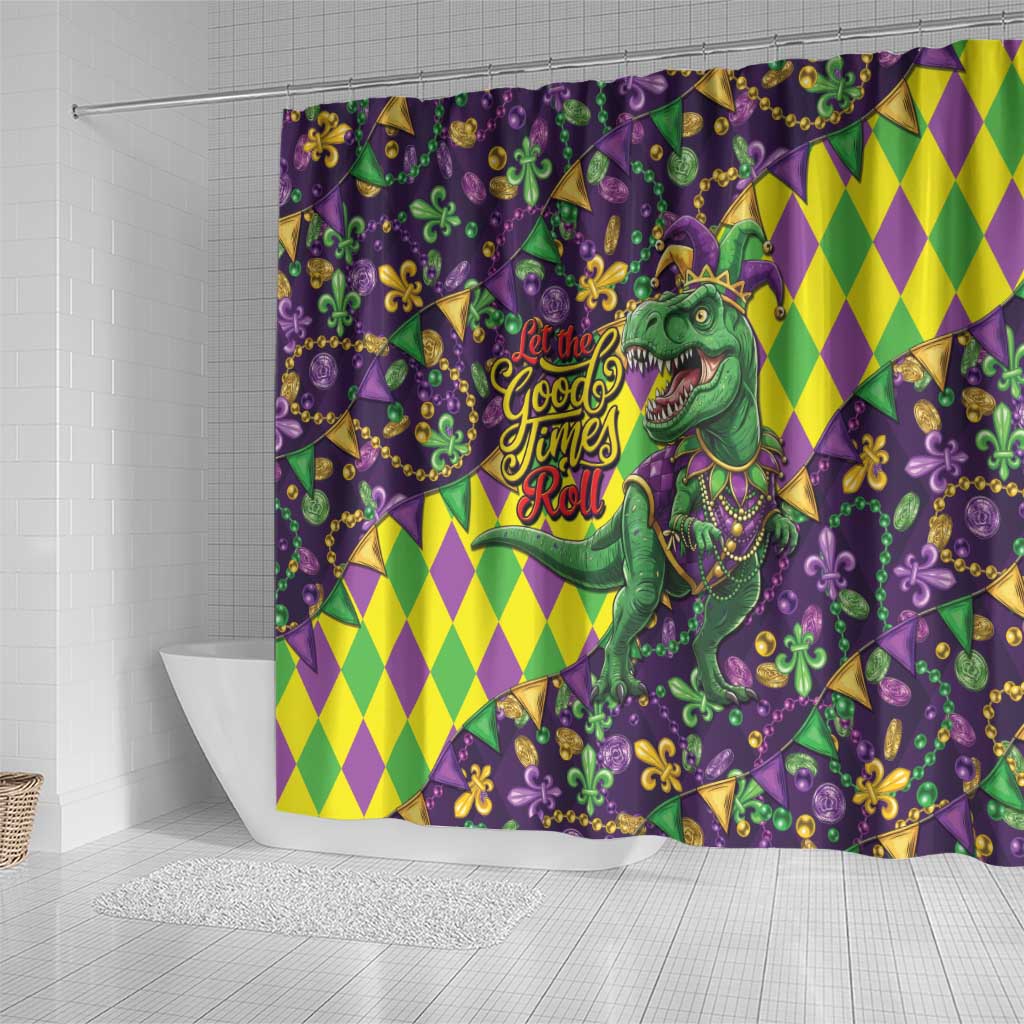 Funny Mardi Gras T-Rex Dinosaur Shower Curtain Let The Good Times Roll - Wonder Print Shop