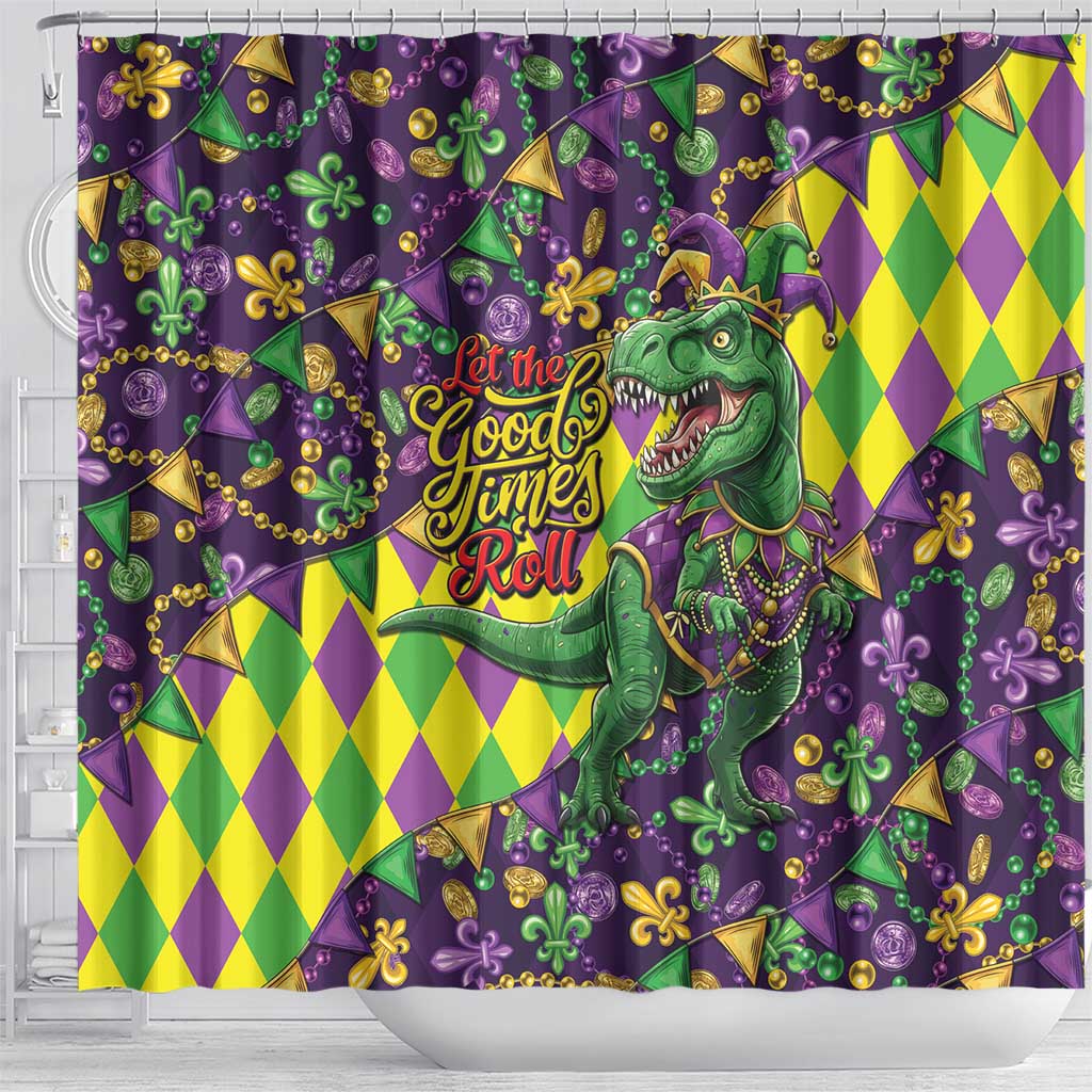 Funny Mardi Gras T-Rex Dinosaur Shower Curtain Let The Good Times Roll - Wonder Print Shop
