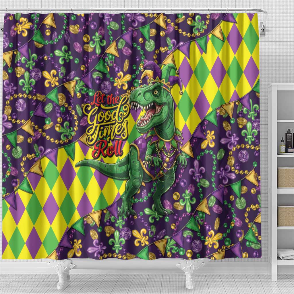 Funny Mardi Gras T-Rex Dinosaur Shower Curtain Let The Good Times Roll - Wonder Print Shop