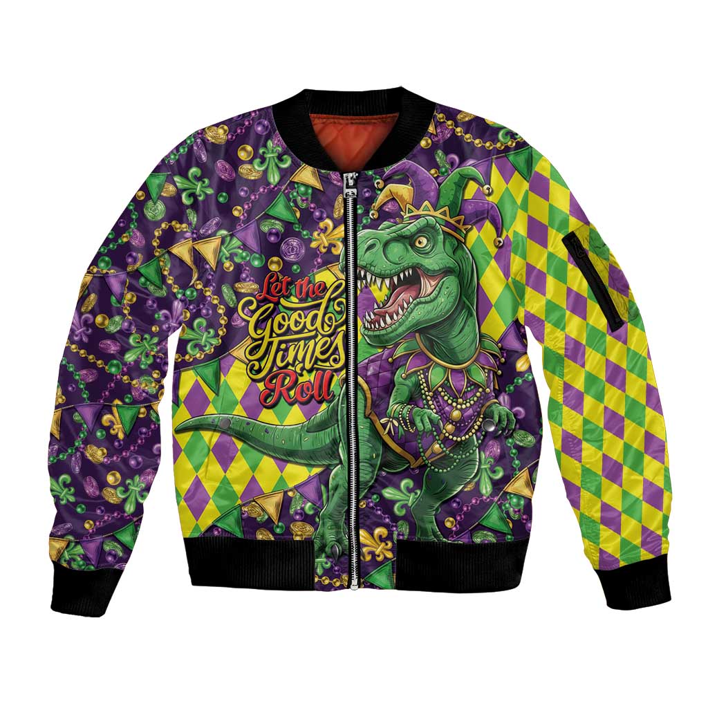 Funny Mardi Gras T-Rex Dinosaur Sleeve Zip Bomber Jacket Let The Good Times Roll - Wonder Print Shop