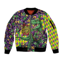 Funny Mardi Gras T-Rex Dinosaur Sleeve Zip Bomber Jacket Let The Good Times Roll - Wonder Print Shop