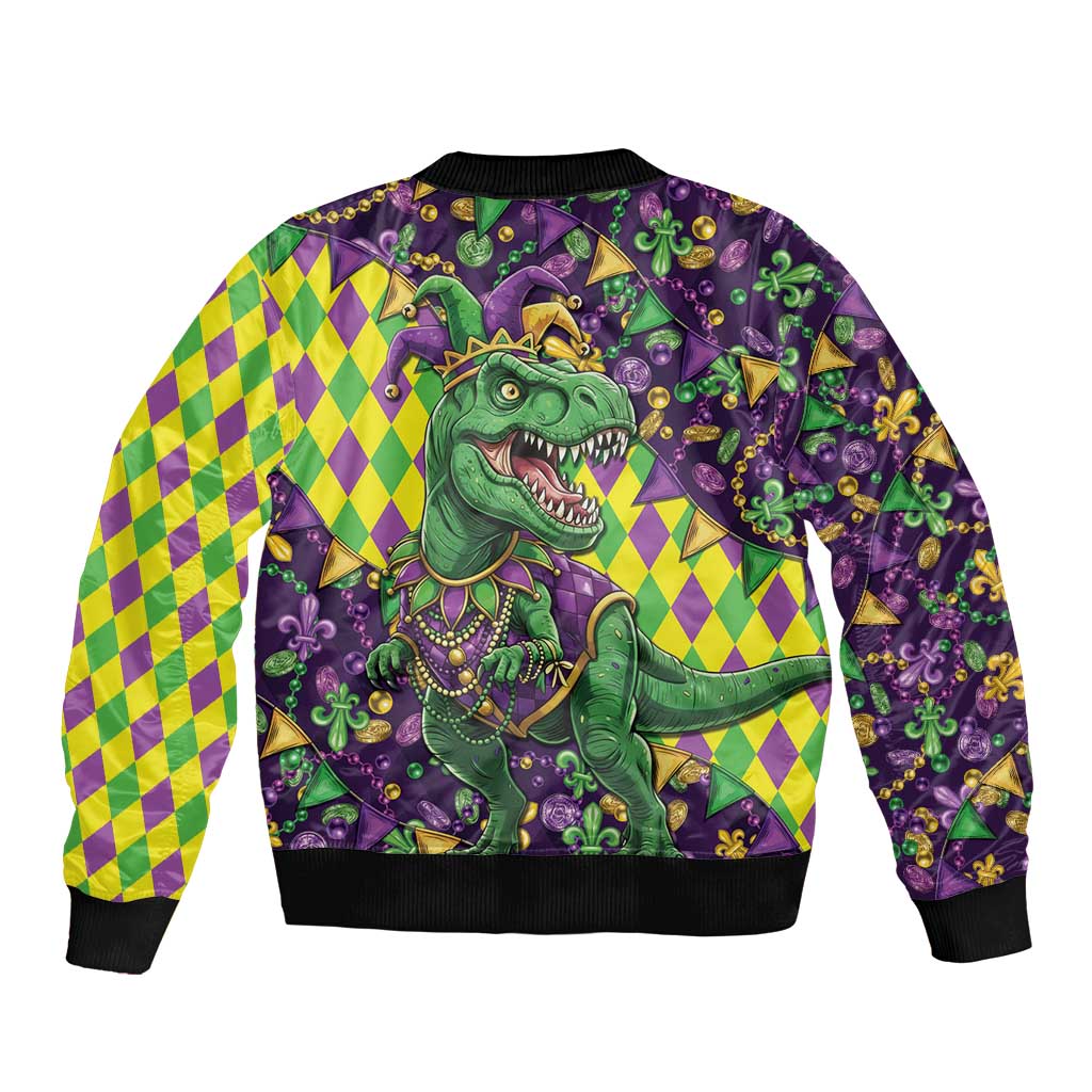 Funny Mardi Gras T-Rex Dinosaur Sleeve Zip Bomber Jacket Let The Good Times Roll - Wonder Print Shop