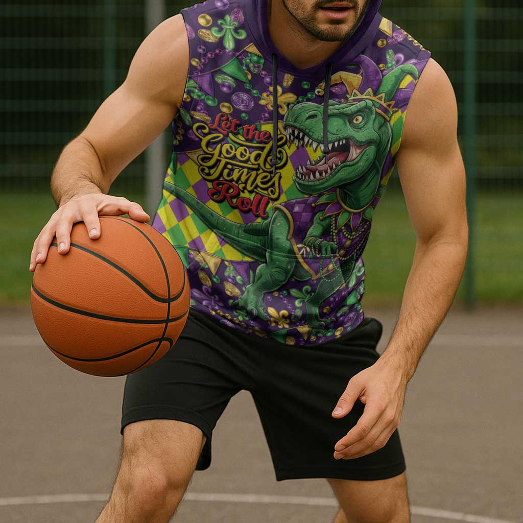 Funny Mardi Gras T-Rex Dinosaur Sleeveless Hoodie Let The Good Times Roll - Wonder Print Shop