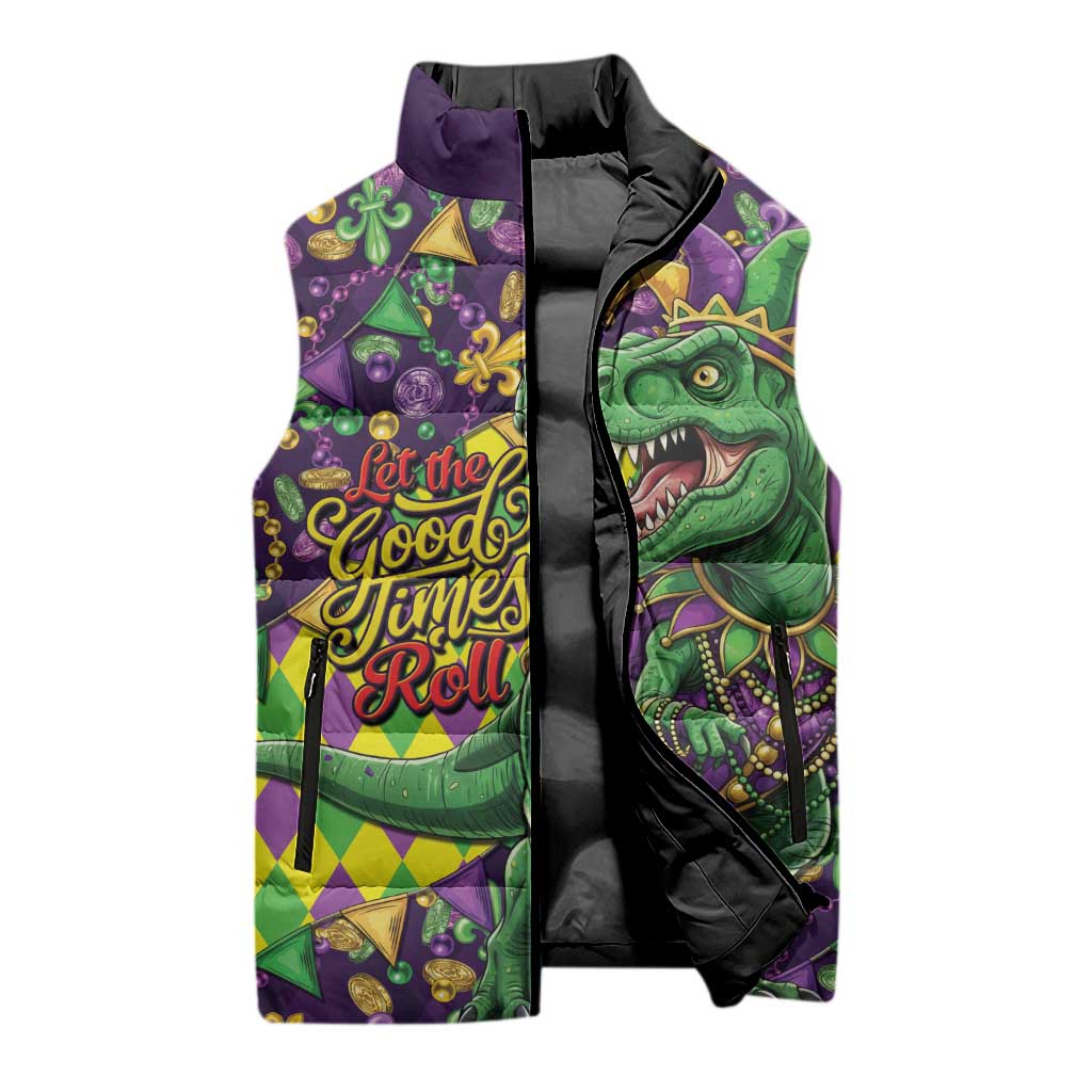 Funny Mardi Gras T-Rex Dinosaur Sleeveless Puffer Jacket Let The Good Times Roll - Wonder Print Shop