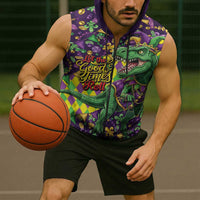 Funny Mardi Gras T-Rex Dinosaur Sleeveless Zip Hoodie Let The Good Times Roll - Wonder Print Shop