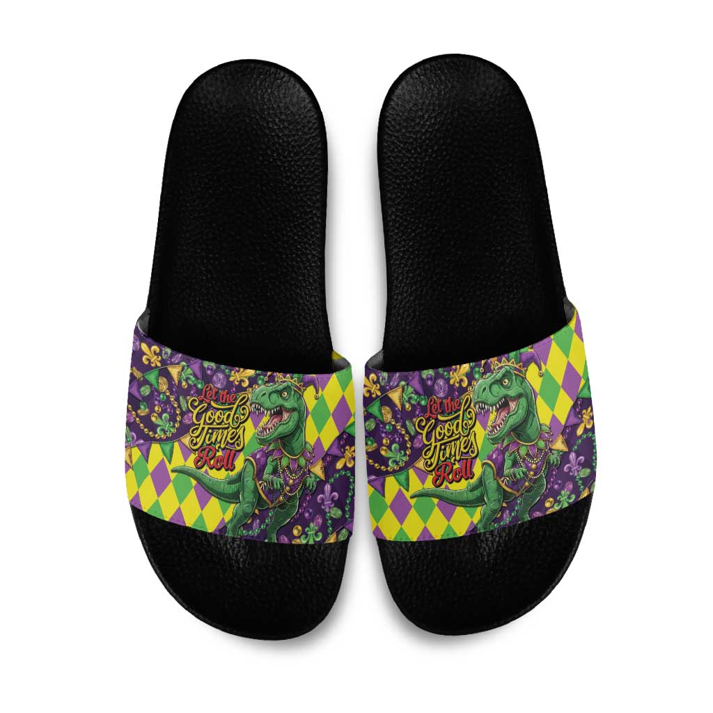 Funny Mardi Gras T-Rex Dinosaur Slide Sandals Let The Good Times Roll - Wonder Print Shop