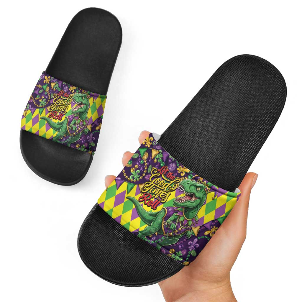 Funny Mardi Gras T-Rex Dinosaur Slide Sandals Let The Good Times Roll - Wonder Print Shop