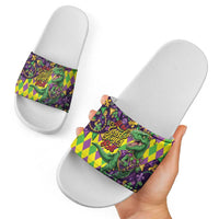 Funny Mardi Gras T-Rex Dinosaur Slide Sandals Let The Good Times Roll - Wonder Print Shop