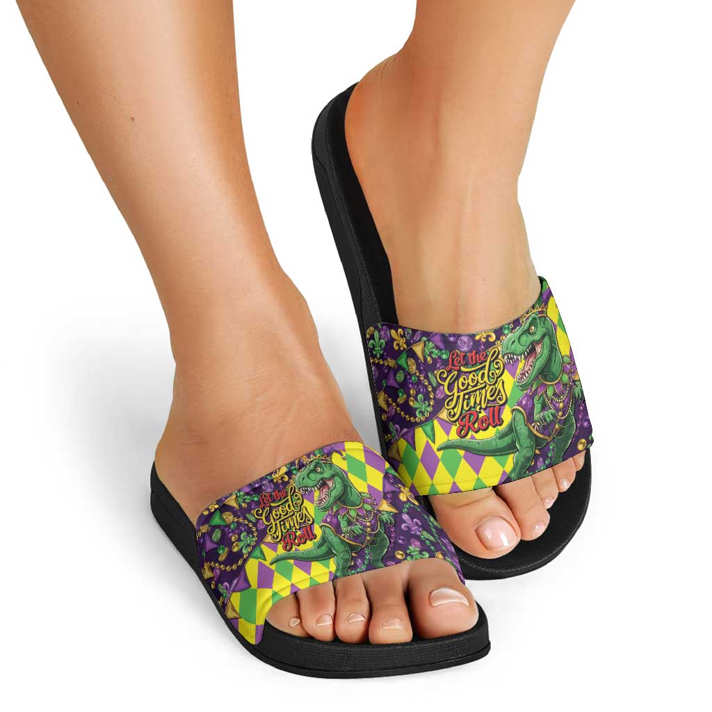 Funny Mardi Gras T-Rex Dinosaur Slide Sandals Let The Good Times Roll - Wonder Print Shop