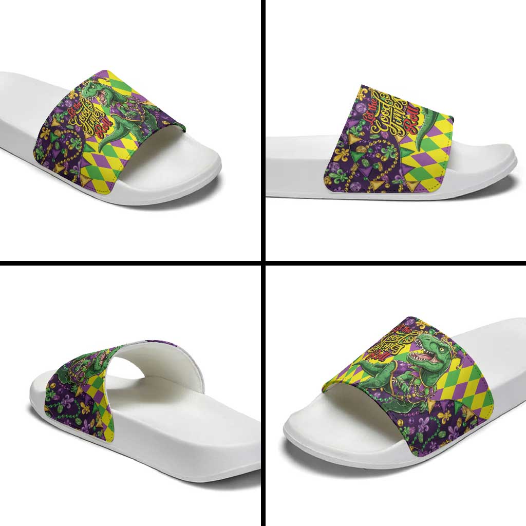 Funny Mardi Gras T-Rex Dinosaur Slide Sandals Let The Good Times Roll - Wonder Print Shop