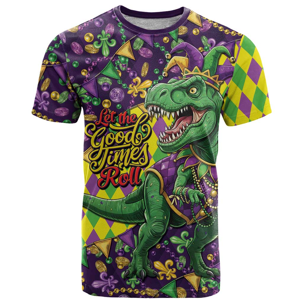 Funny Mardi Gras T-Rex Dinosaur T Shirt Let The Good Times Roll - Wonder Print Shop