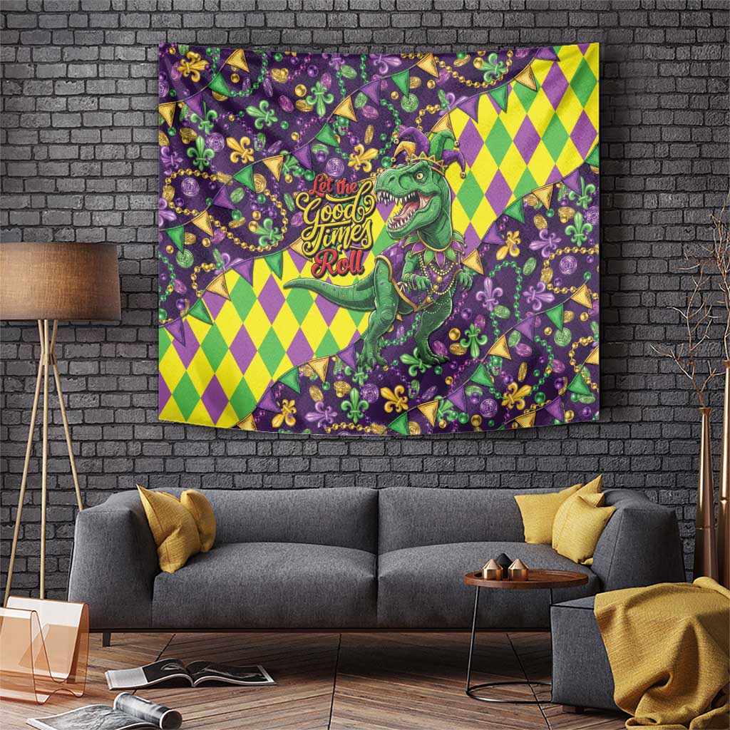 Funny Mardi Gras T-Rex Dinosaur Tapestry Let The Good Times Roll - Wonder Print Shop