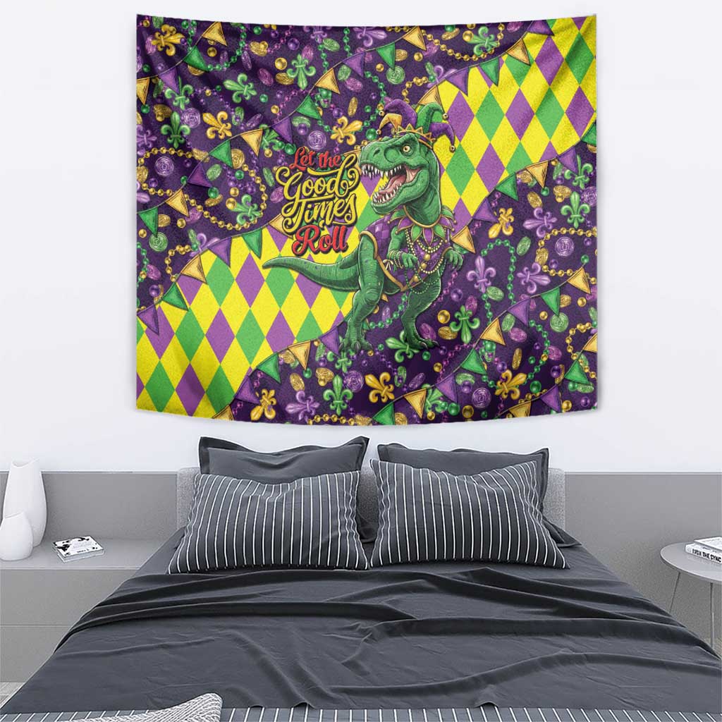 Funny Mardi Gras T-Rex Dinosaur Tapestry Let The Good Times Roll - Wonder Print Shop