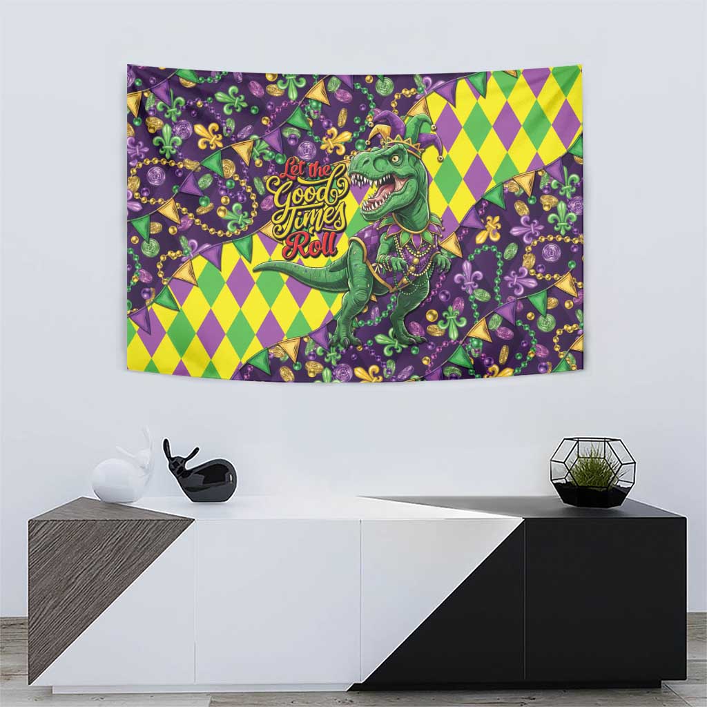 Funny Mardi Gras T-Rex Dinosaur Tapestry Let The Good Times Roll - Wonder Print Shop