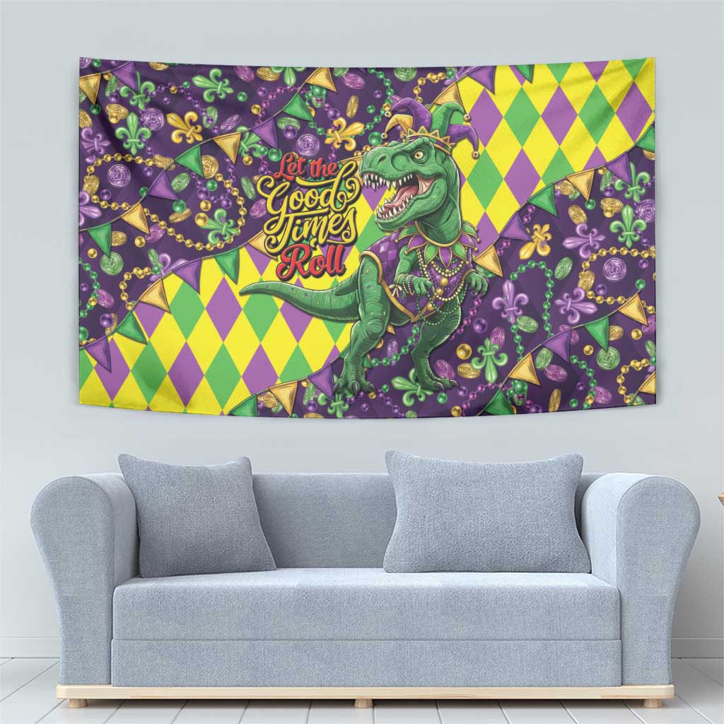 Funny Mardi Gras T-Rex Dinosaur Tapestry Let The Good Times Roll - Wonder Print Shop