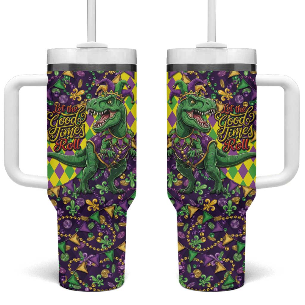 Funny Mardi Gras T-Rex Dinosaur Tumbler With Handle Let The Good Times Roll - Wonder Print Shop