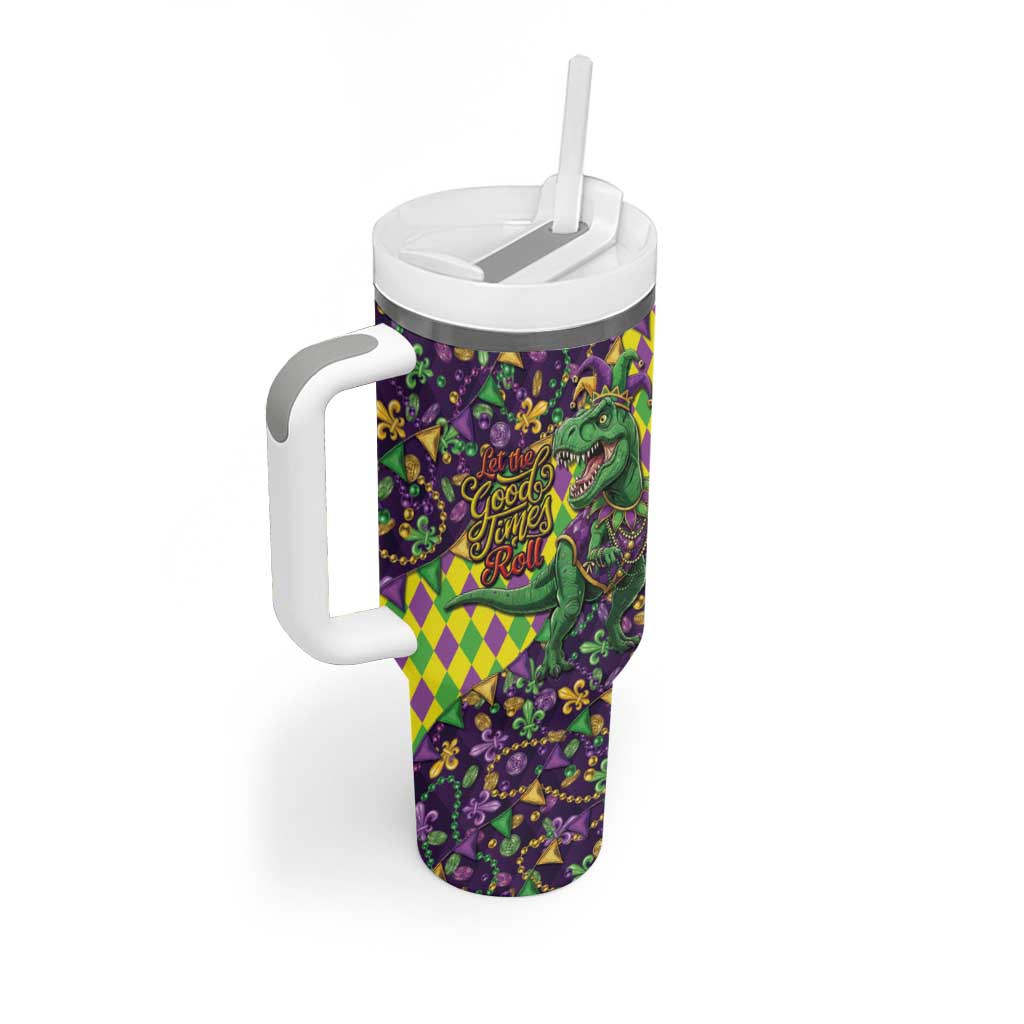 Funny Mardi Gras T-Rex Dinosaur Tumbler With Handle Let The Good Times Roll - Wonder Print Shop