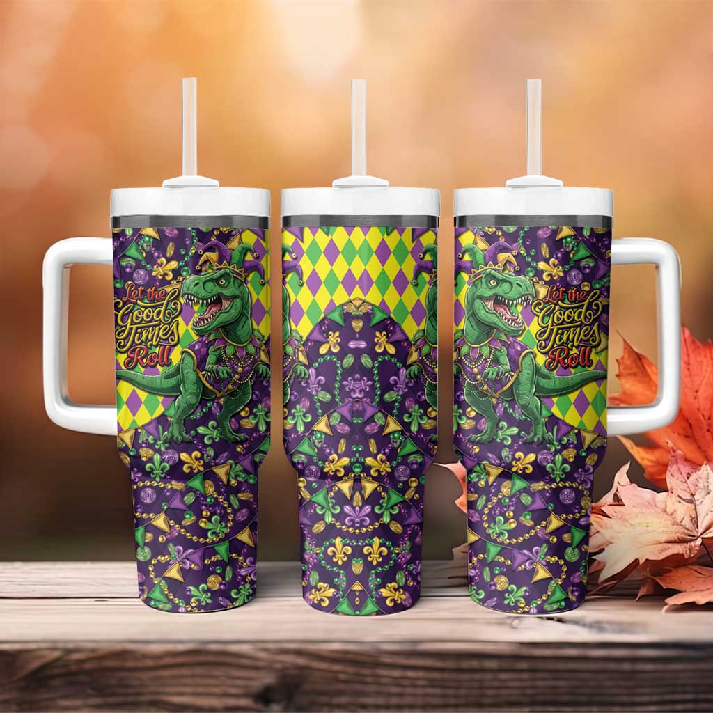 Funny Mardi Gras T-Rex Dinosaur Tumbler With Handle Let The Good Times Roll - Wonder Print Shop