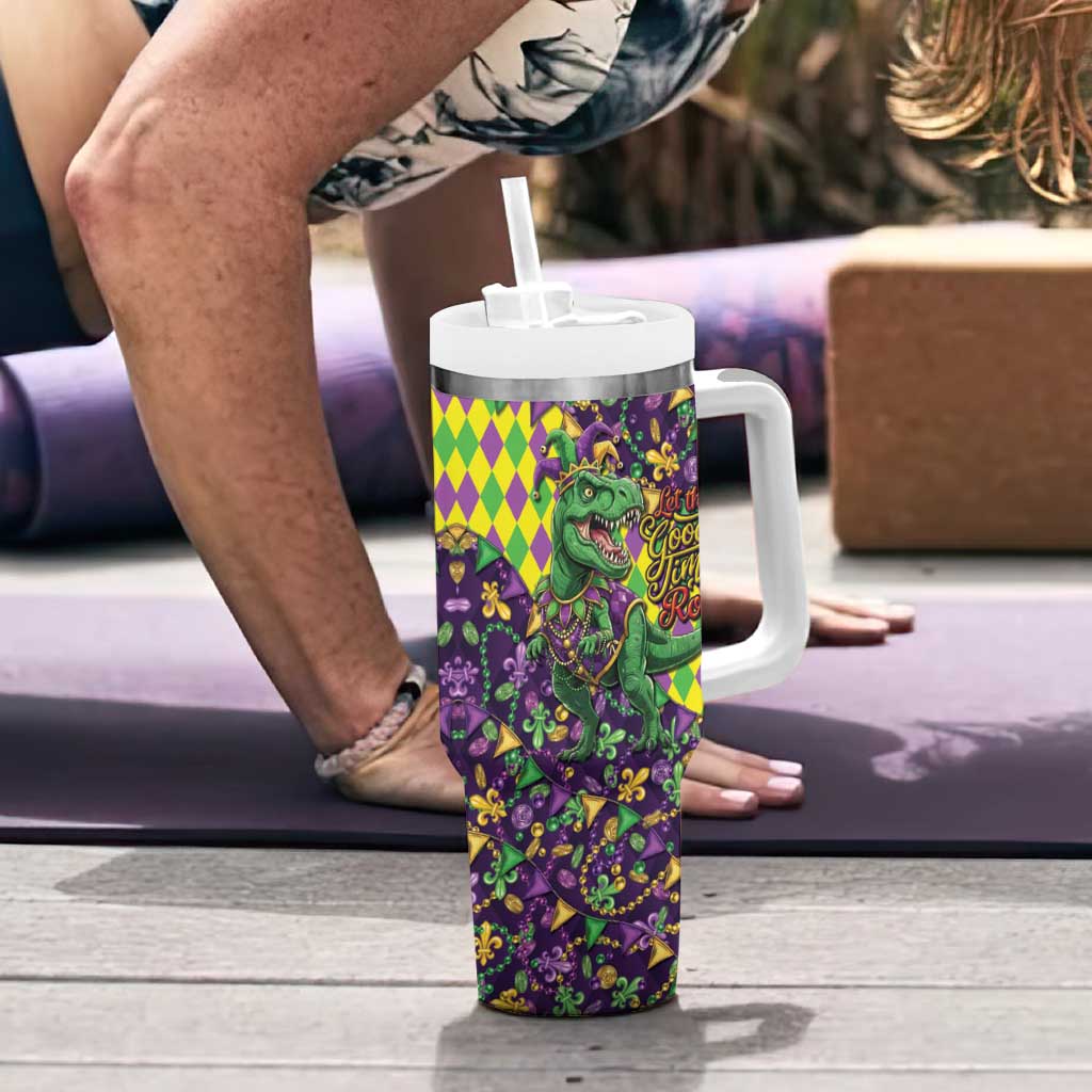 Funny Mardi Gras T-Rex Dinosaur Tumbler With Handle Let The Good Times Roll - Wonder Print Shop