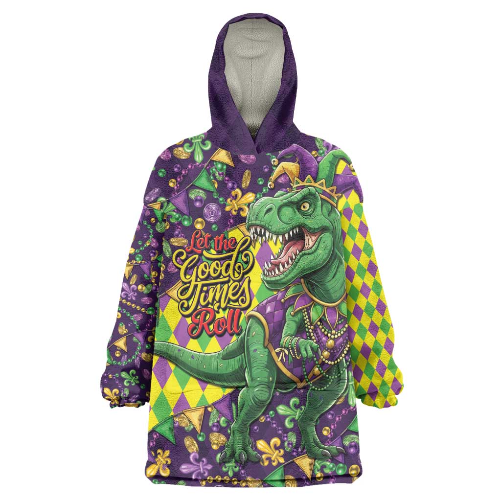 Funny Mardi Gras T-Rex Dinosaur Wearable Blanket Hoodie Let The Good Times Roll - Wonder Print Shop