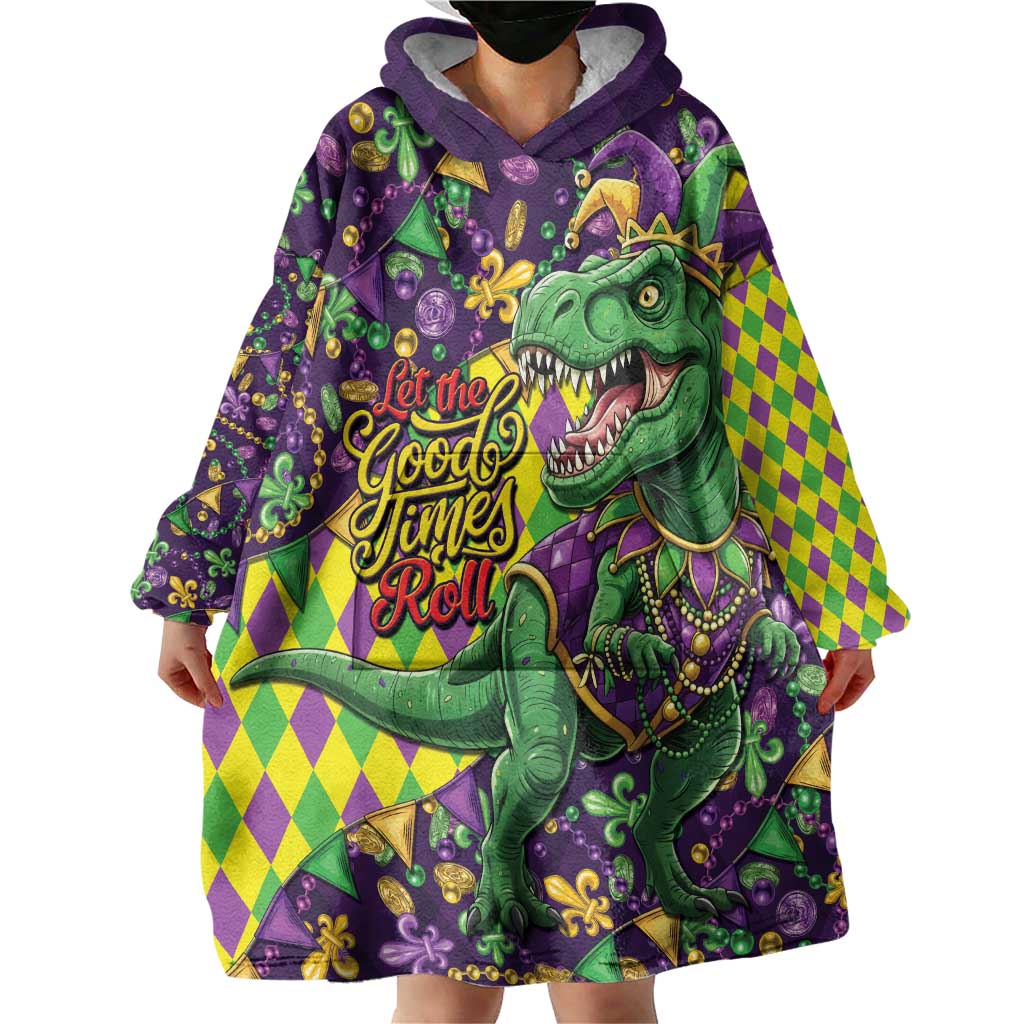 Funny Mardi Gras T-Rex Dinosaur Wearable Blanket Hoodie Let The Good Times Roll - Wonder Print Shop